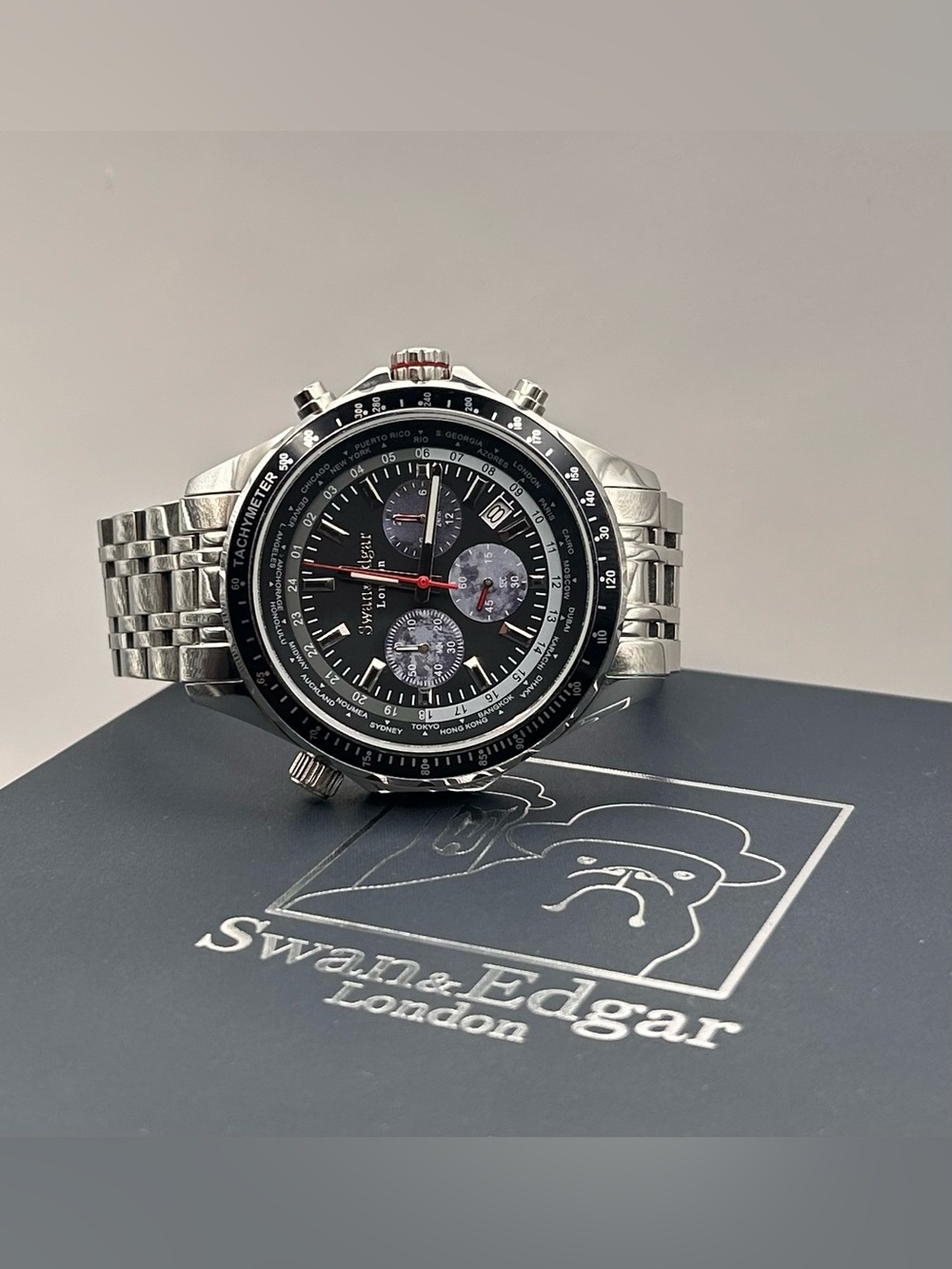 Swan & Edgar London World Timer Matt Black Dial Mechanical Quartz 47mm Watch